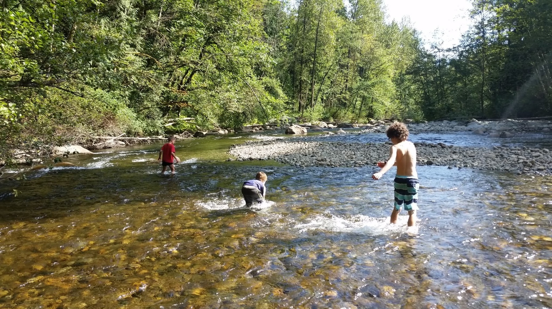 Kids in their swimwear playing in the river
